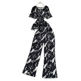 Lightly Mature Two Sets Of Women's Summer Dress Design Cross-Round Neckline Short-Sleeved Print Top High-Waisted Casual Broad-Legged Trousers