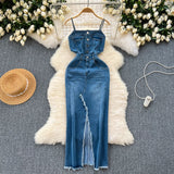 Chic Port Style Vintage Denim Dress Design With A Long Sling Dress In The Fork