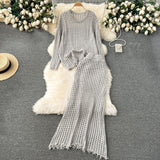 Korean Early Spring Wearing A Lazy Knitting Suit Women's Design Hollow Top Dress Two Sets Of Tide