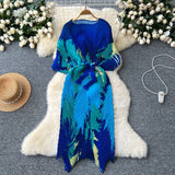 Small High-End Dress Women Design Feel Strapped Waist Bat Sleeve Pressure Fold Printing Irregular Dress Dress