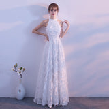 White Feather Hanging Neck Open Shoulder Fashion Atmosphere Thin Long Skirt Evening Dress Students Graduation Performance Choral Costume