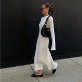 Women's Clothing 2025 Spring Knit Round Neck Pit Striped Syringe Horn Sleeve Tie Solid Color Casual Dress Girl