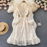 Gentle Style Femininity Waist Thin Knee Long Sleeve First Love Dress A Elegant Temperament V-Neck Lace Dress