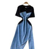Korean Version Of Fashion Elegant Irregular Short Sleeve Splicing Diamond-Singed Waist Denim Dress Women's Summer Open Fork Long Dress