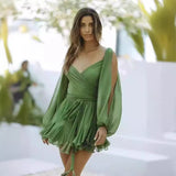 2025 Spring Women's Dress Sexy Hottie Skylit Lantern Sleeve V Collared Shoulder Dress