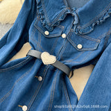 Small And Cooked Wind Dolls To Receive Waist Metal Buckle Temperament Casual Long Denim Dress 0011