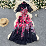 2025 New Holiday Style Dress Women's French Pearl Buckle Waist Thin Temperament Print Chiffon Long Dress