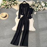 High-End Feel Set 2025 Spring Women's Metal Buckle Vest Knitted Open-Shirt Broad Leg Pants Fashion Three-Piece Set