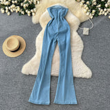 Spring And Summer Ins Heavy Industry Three-Dimensional Flowers Sleeveless Breasts To Close The Waist Of The Denim Jump Trousers Trousers Trousers Woman