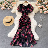 2025 New Light Luxury Chiffon Print Dress Temperament Lotus Side Fishtail Dress Female Dress Thin