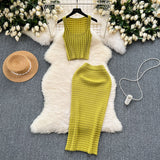 Hong Kong Style Retro Hottie Suit Women's Summer Short Vest Top With High Waist Half Skirt Knit Two Sets
