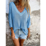Special For The New T-Shirt Women's Hollow Long-Sleeved Knitted Shirt Languid Style Design V Collar Sunscreen Sexy Wind