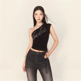 2025 Summer Fashion Trend Women's New Slant Shoulder Repair Letter Hot Umbilical Vest