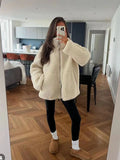 2025 Women's Autumn And Winter Fashion Colliding Splicing Lead Resin Zipper To Keep Warm Imitation Lamb Jacket