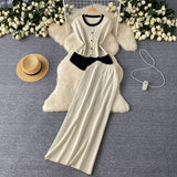Design Sense Of The Color Short Sleeve Knitted Cardigan Top + High Waist Long Skirt Summer Wearing Two Sets
