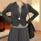 Korean Dark Gray Slim Fake Two Knitted Shirt Women Autumn New Niche Temperament Thin Sweater Top
