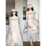 Korean Atmosphere Feeling A Word Shoulder Pink Dress Women's Seaside Vacation High-End Fairy Dress