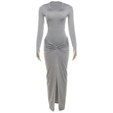 Women's 2025 Summer New Round Neck Fashion Sexy Body Folding Fork Long Sleeve Skirt Set