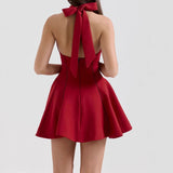 French Style Collar Slings Waist Retro Skirt Dress Party Wide Swing Spliced Hanging Neck Miniskirt