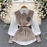 College Style High-Level Sense Of Light Luxury Lady Suit Autumn And Winter Solid Color Loose Long-Sleeved Shirt + Knitted Vest