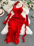 Vintage Red Velvet Sling Dress Woman Irregular Opening Sexy Bag Hip Heavy Industry Dress Dress 0453