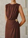 2025 New Women's Folded Wrinkles Sleeveless Long Dress Stylish Metal Decorative Solid Color Dress