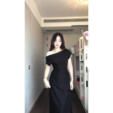 High-Grade Pure Desire Short Sleeves Slanted Shoulder Fork Dress Temperament Slimmed Fashion Temperament Shoulder Long Skirt