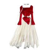 French Gentle Wind Three-Dimensional Flower Collar Long Sleeve Knitted Mesh Tau Coop Ponopne Irregular Fairy Dress