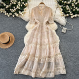 French Retro Court Dress Women's Waist Thin Temperament Bubble Sleeve Lace Splicing Big Swing Dress Dress