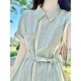 Unique Bumpy Linen Shirt Dress Women's Summer Languid Temperament High-Sense Tie With Shirt Collar Long Skirt