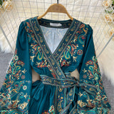 Vintage Court Lantern Long Sleeve V-Neck Belt With A Word Print Dress Elegant Swing Dress Long