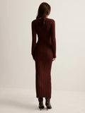 2025 New Women's Dress French Retro Solid Color V-Neck Long-Sleeved Bag Hip Knitted Dress