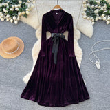 French Light Luxury Famous Woman High-End Sense V Collar Long Sleeve Strap To Close The Waist Velvet Dress Women Autumn And Winter Lanky Dress