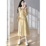 French Yellow Bubble Sleeve Collar Dress Women Spring Lazy Wind Loose Waist Thin Swing A Word Dress