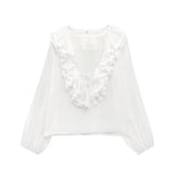 Z Early And Early Autumn New French Sweet V-Neck Thin Long-Sleeved Lotus Leaf Shirt Top 8544207