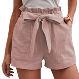 New 2025 Summer Women's Loose Flax Leisure Shorts Pocket Solid Colored High-Rise Broad Legs