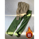 Real-Valent Retro Green High-Waisted Plus Velvet Slack Autumn And Winter New Set Thin Corduroy Broad Leg Trousers