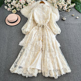 Elegant Stand-Up Single Buckle Heavy Industry Hook Flower Embroidery Lantern Sleeve With A Long Dress With A Big Swing