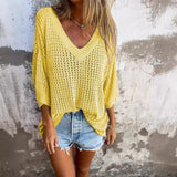 Special For The New T-Shirt Women's Hollow Long-Sleeved Knitted Shirt Languid Style Design V Collar Sunscreen Sexy Wind