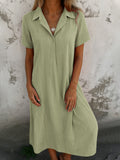 2025 New Leisure Spring And Summer Loose Short-Sleeved V-Neck Solid Cotton Shirt Dress