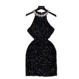 Light Luxury Thousand Gold Wind High-End Hanging Neck Dress Women's Summer Glide Diamond Design Niche Temperament Ass And Hip Skirts