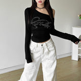 Fashion 2025 New Women's Clothing Sexy Hot Girl Slanted Shoulder Hot Diamond Body Slim Thin Irregular Top Woman