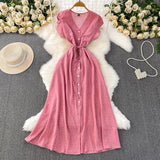 French Red Dot V-Neck Women's Short-Sleeved Dress Summer Single Buckle Tie With Thin A-Word Mid-Long Dress