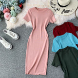 Short-Sleeved Solid-Color Temperament Round-Neck Knitted Tight Skirt Dress Bag Hip One-Step Skirt Dress Mid-Long Model