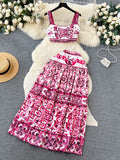 Wind Blue And White Porcelain Printing Set Women's Summer Pure Desire To Bare Belt Slings Small Vest + High Waist Mid-Long Skirt