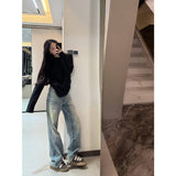 Vintage Blue Hole Wide Leg Jeans Women's Spring 2025 New Design Feeling Loose Straight Trousers