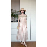Korean Atmosphere Feeling A Word Shoulder Pink Dress Women's Seaside Vacation High-End Fairy Dress