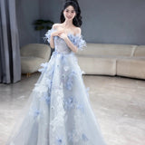 Blue Evening Dress Women's 2025 New Word-To-Shoulder Light-To-Small Day Party Adult Dress Voice Art Examination