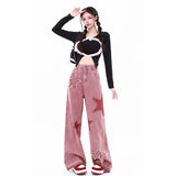 Dopamine Girl Wears Embroidered Straight Jeans Female Autumn Vintage High-Waisted Star Broad-Legged Pink Pants