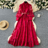 Spring 2025 New High-End Heavy Industry Mesh Embroidery To Collect Thin French Elegant Lantern Sleeve Dress